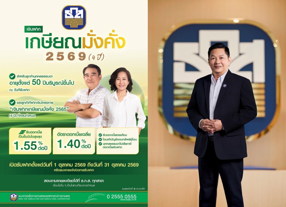ธ.ก.ส. เปิดตัวเงินฝากเกษียณมั่งคั่ง 2569 (4 ปี) รับดอกเบี้ยขั้นบันไดสูงสุด 1.55% ต่อปี