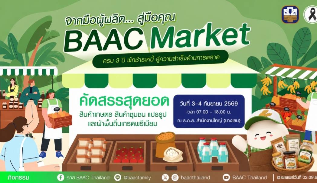 ธ.ก.ส. ชวนร่วมซื้อ ช้อป ชิม ในงาน BAAC Market “ในโอกาสครบ 3 ปี พักชำระหนี้ สู่ความสำเร็จด้านการตลาด” รวมสินค้าเกษตรพรีเมียมจากลูกค้าส่งตรงถึงผู้บริโภค